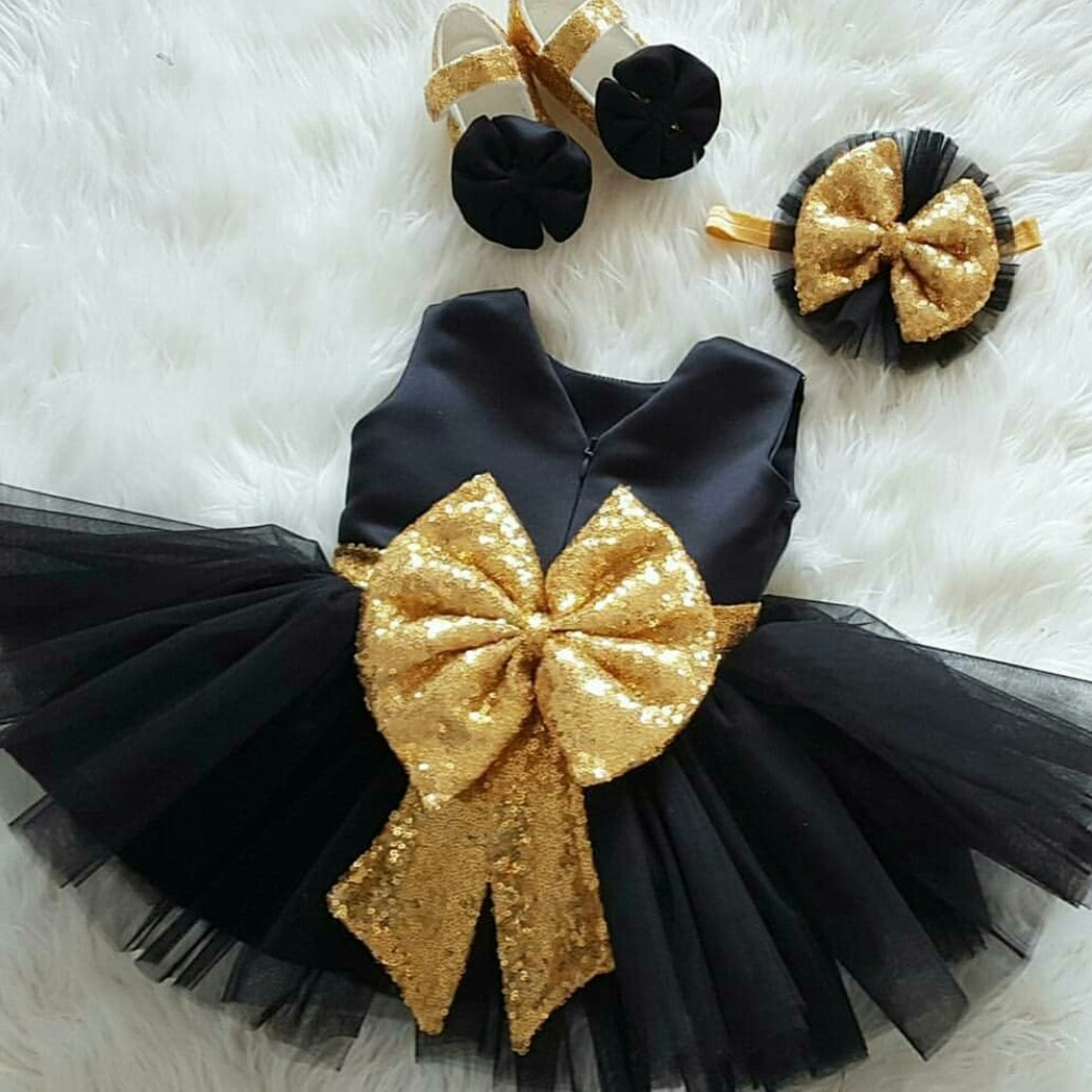 Baby Black & Golden Bow Frock With Hairband
