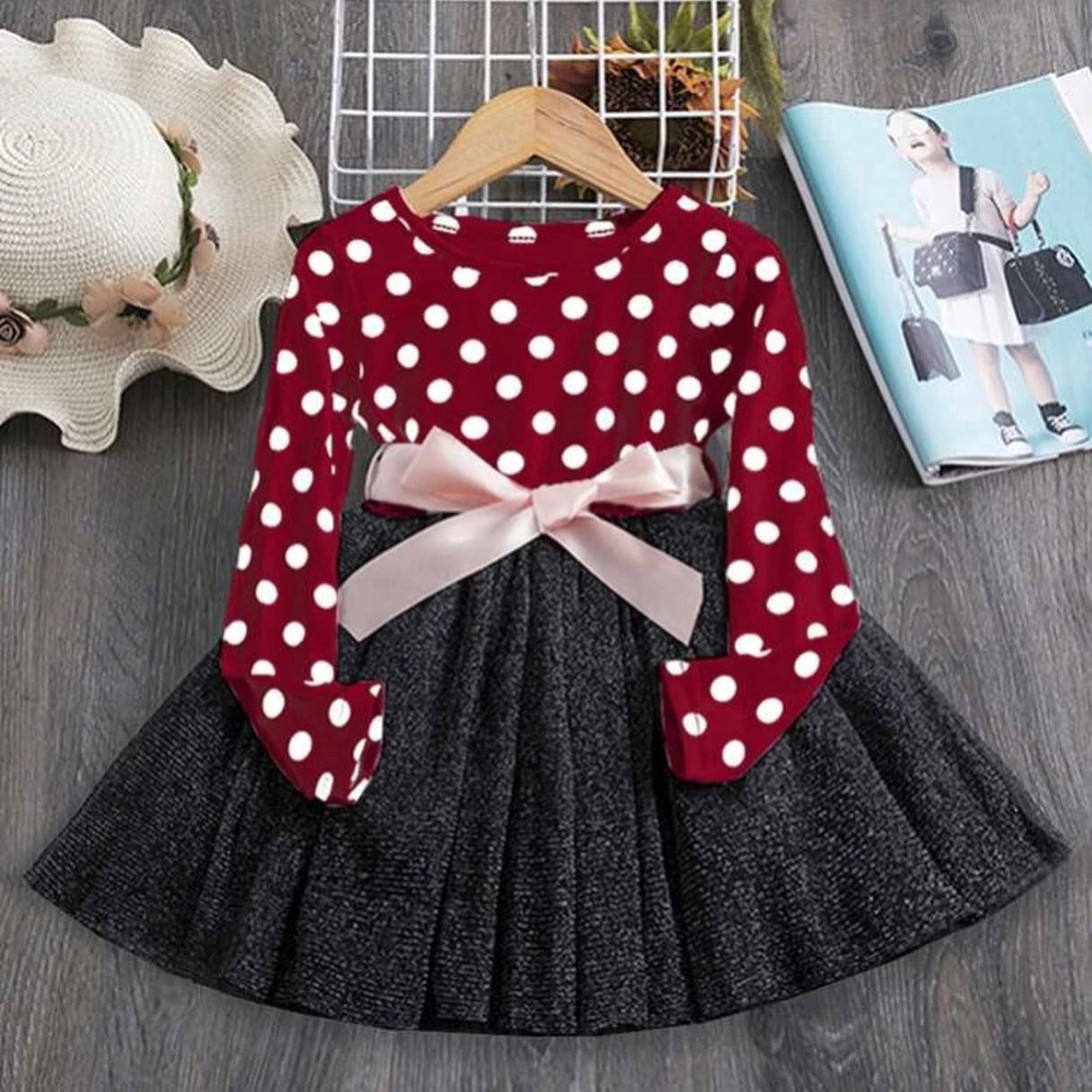 Baby Red & Black Full Sleeves Polka Dot Frock