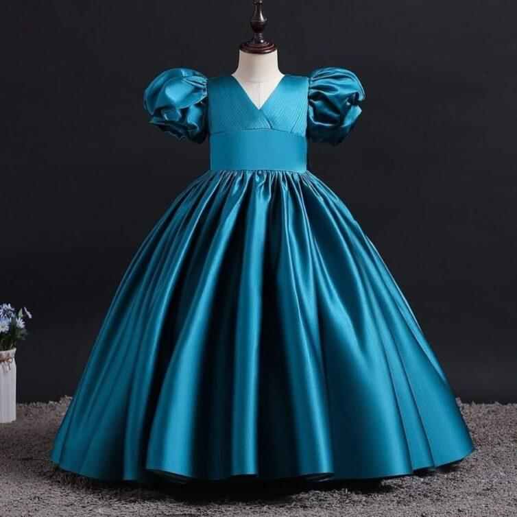 Baby Blue V-Neck Puffy Sleeves Maxi