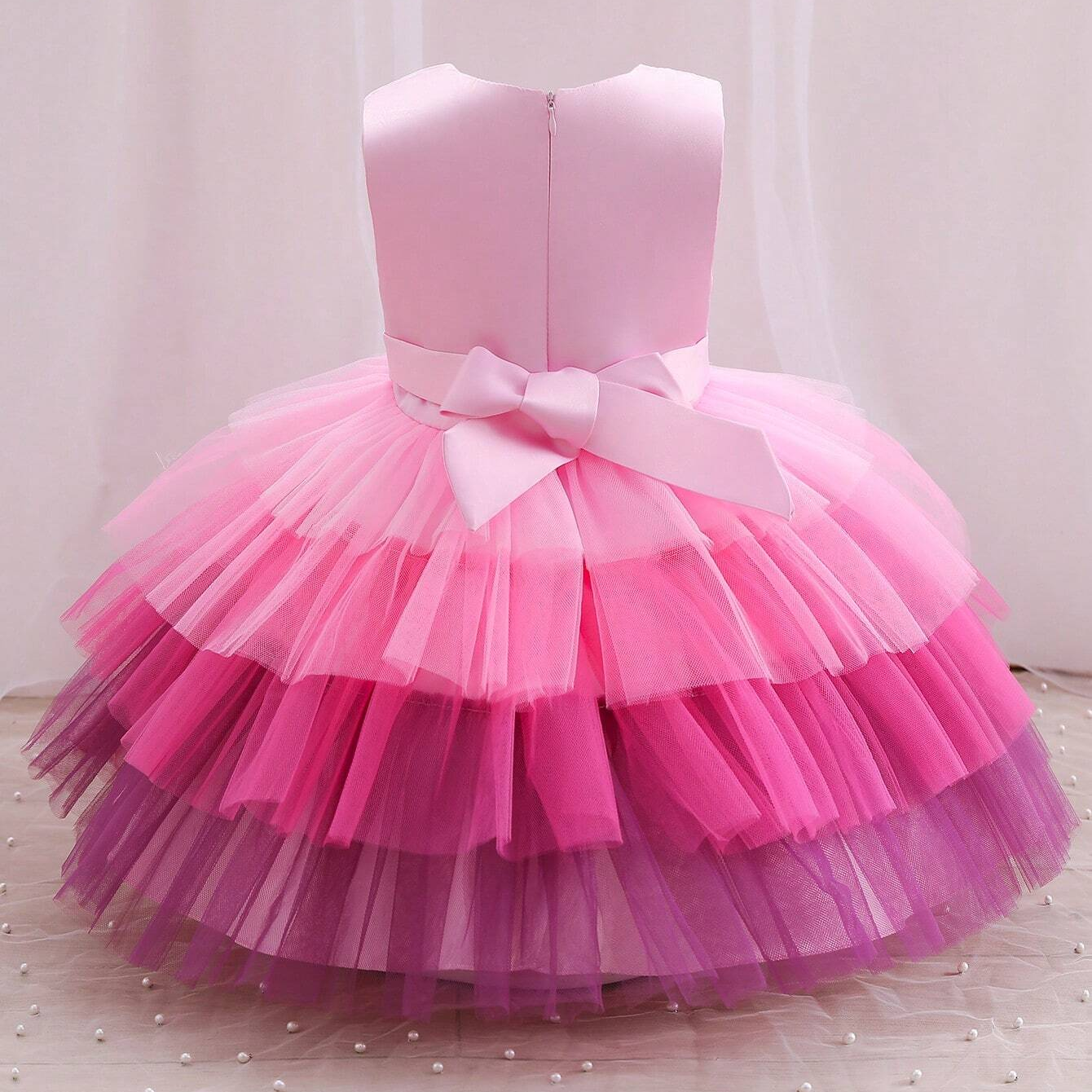 Baby Pink Multi Colors Layered Bow Frock