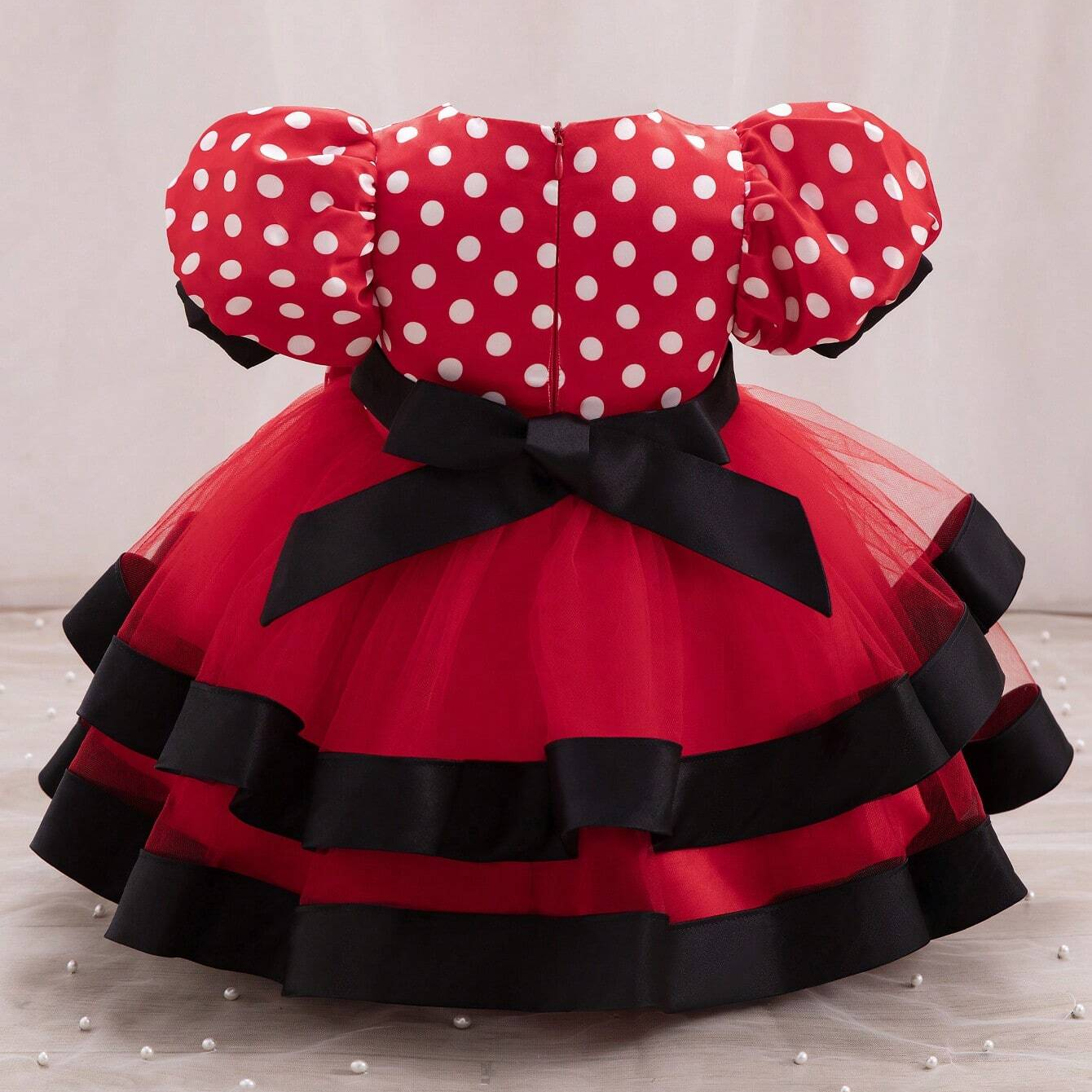 Baby Red & White Dotted Multi Layered Frock