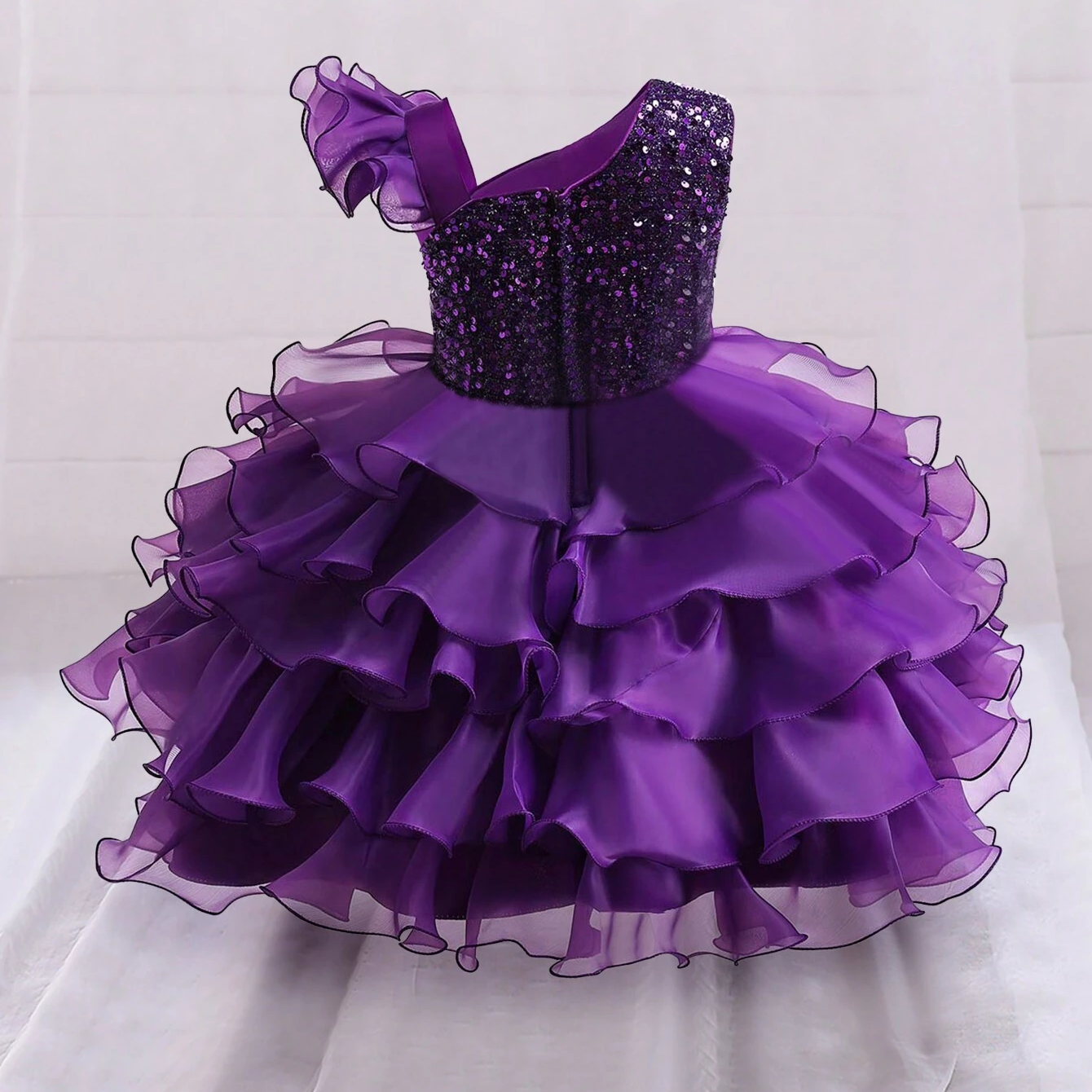 Baby Purple Multi Layered One Shoulder Sequin Frock