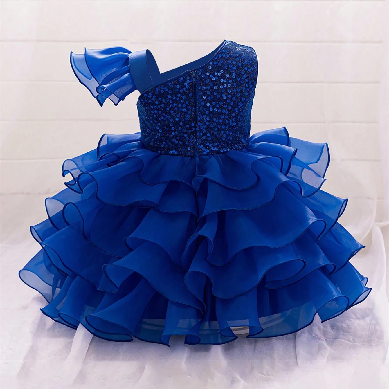 Baby Blue Multi Layered One Shoulder Sequin Frock