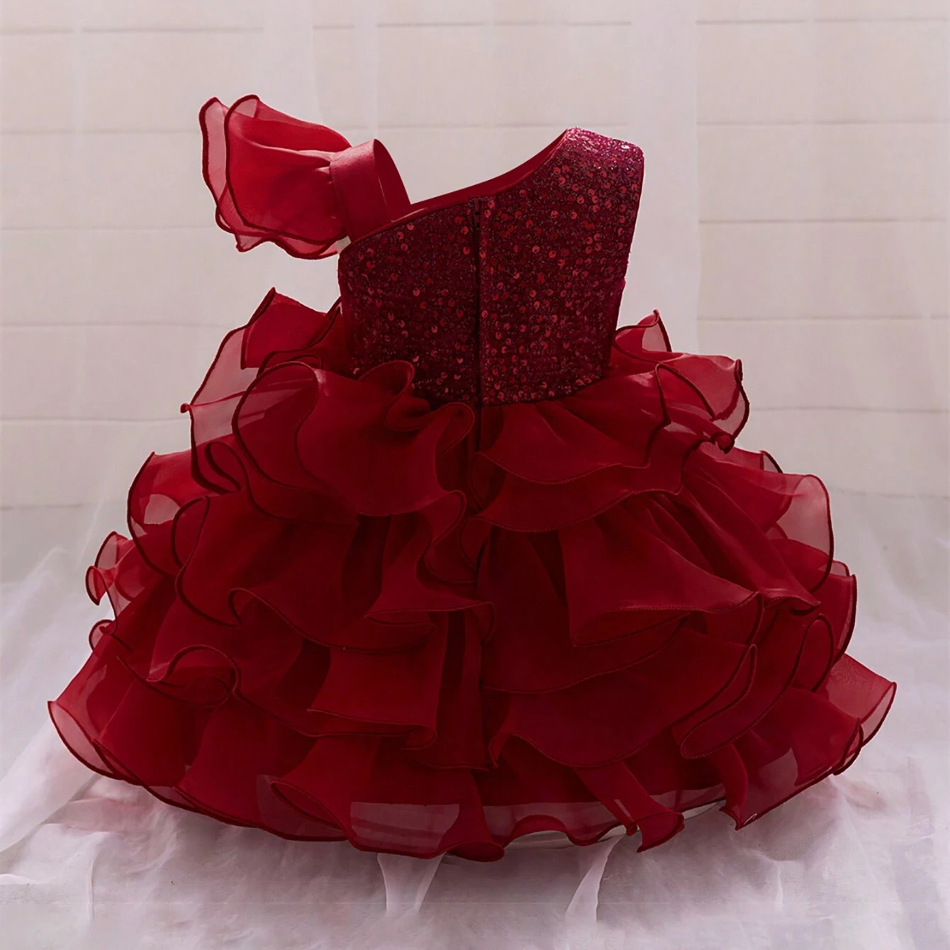 Baby Red Multi Layered One Shoulder Sequin Frock