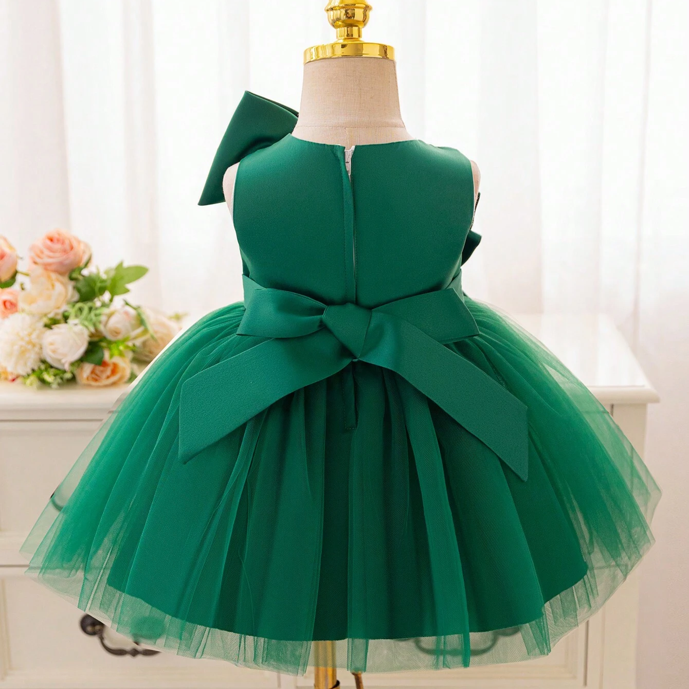 Baby Green Big Bow Pearls Frock