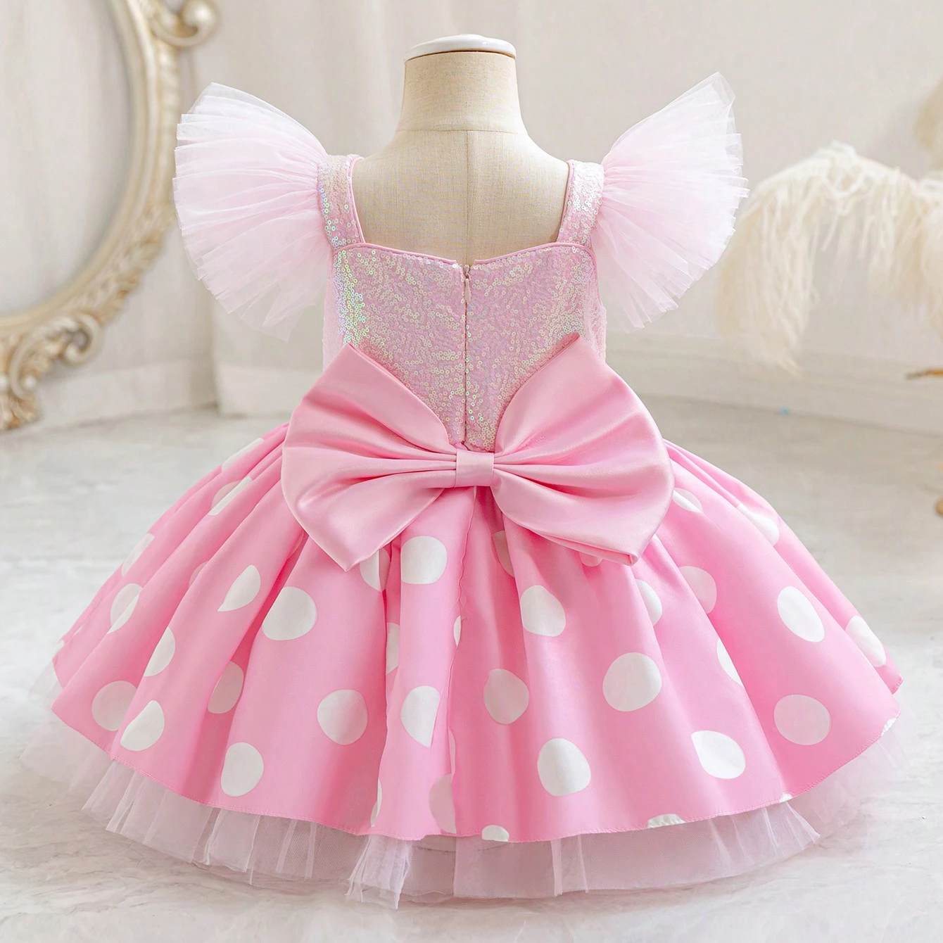 Baby Pink Sequin Bow Tie Princess Frock