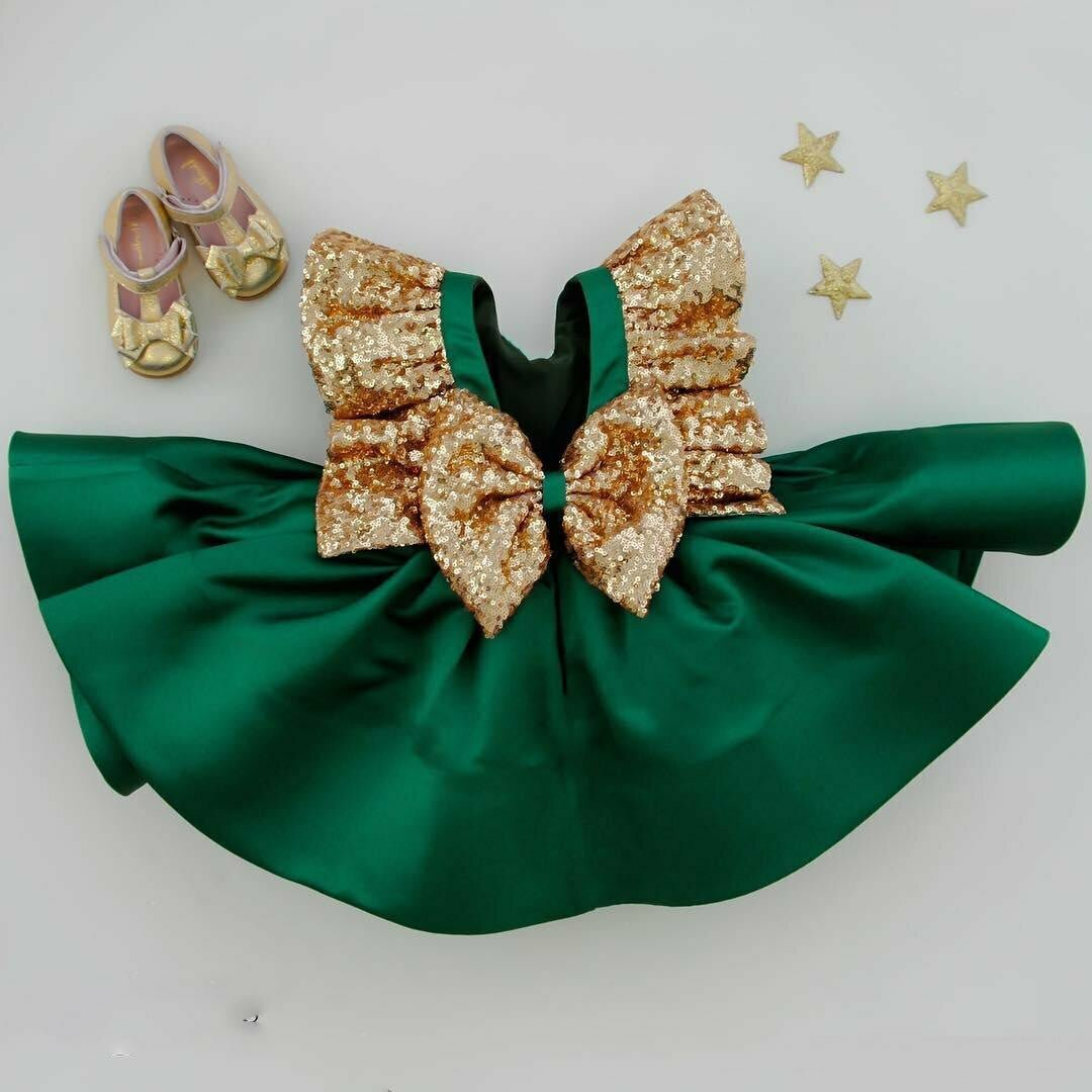 Baby Green & Golden Bow Frock