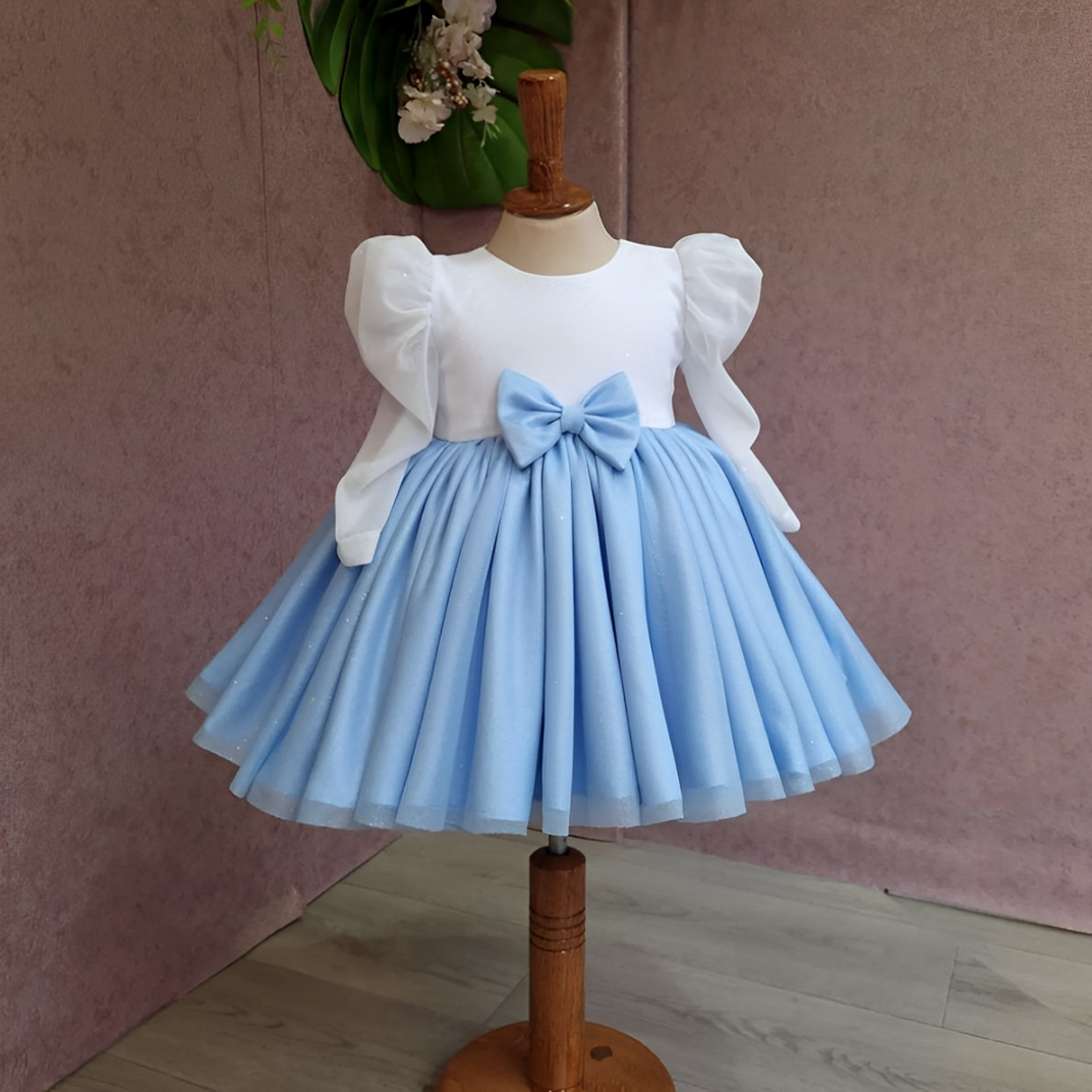 Baby Blue & White Puff Sleeves Frock