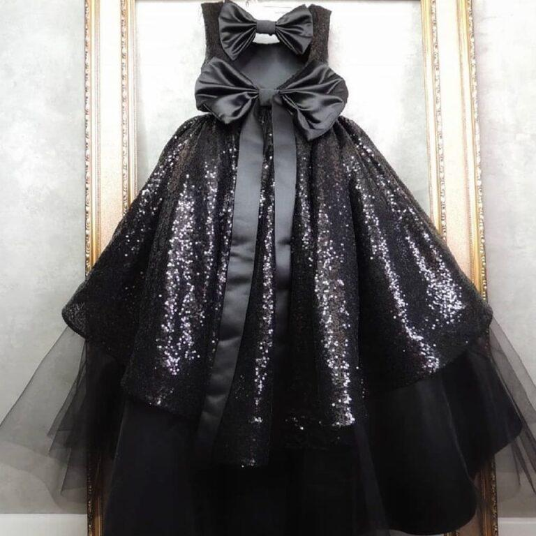 Baby Black Sequin Double Bow Maxi
