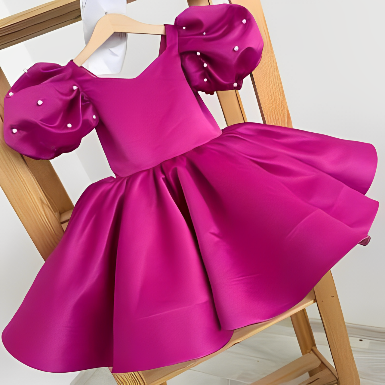 Baby Shocking Pink Puffy Sleeves Pearls Frock