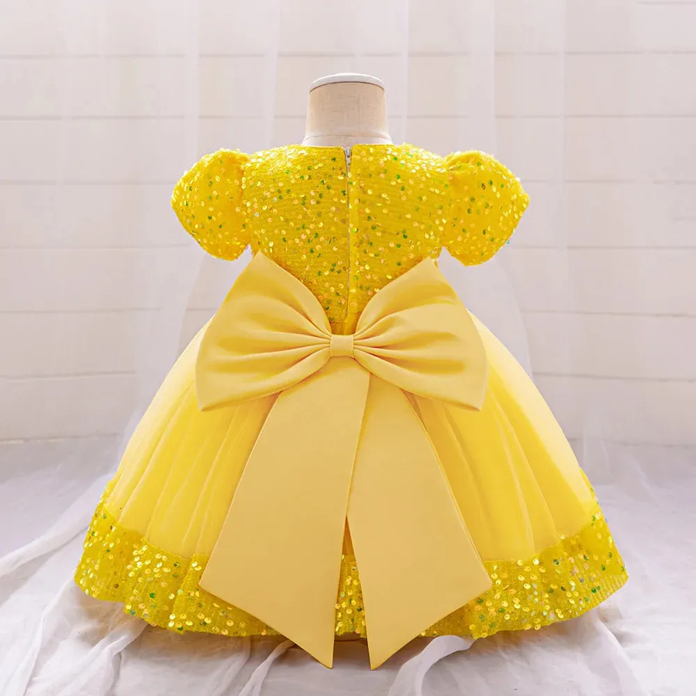 Baby Yellow Sequin Back Bow Frock