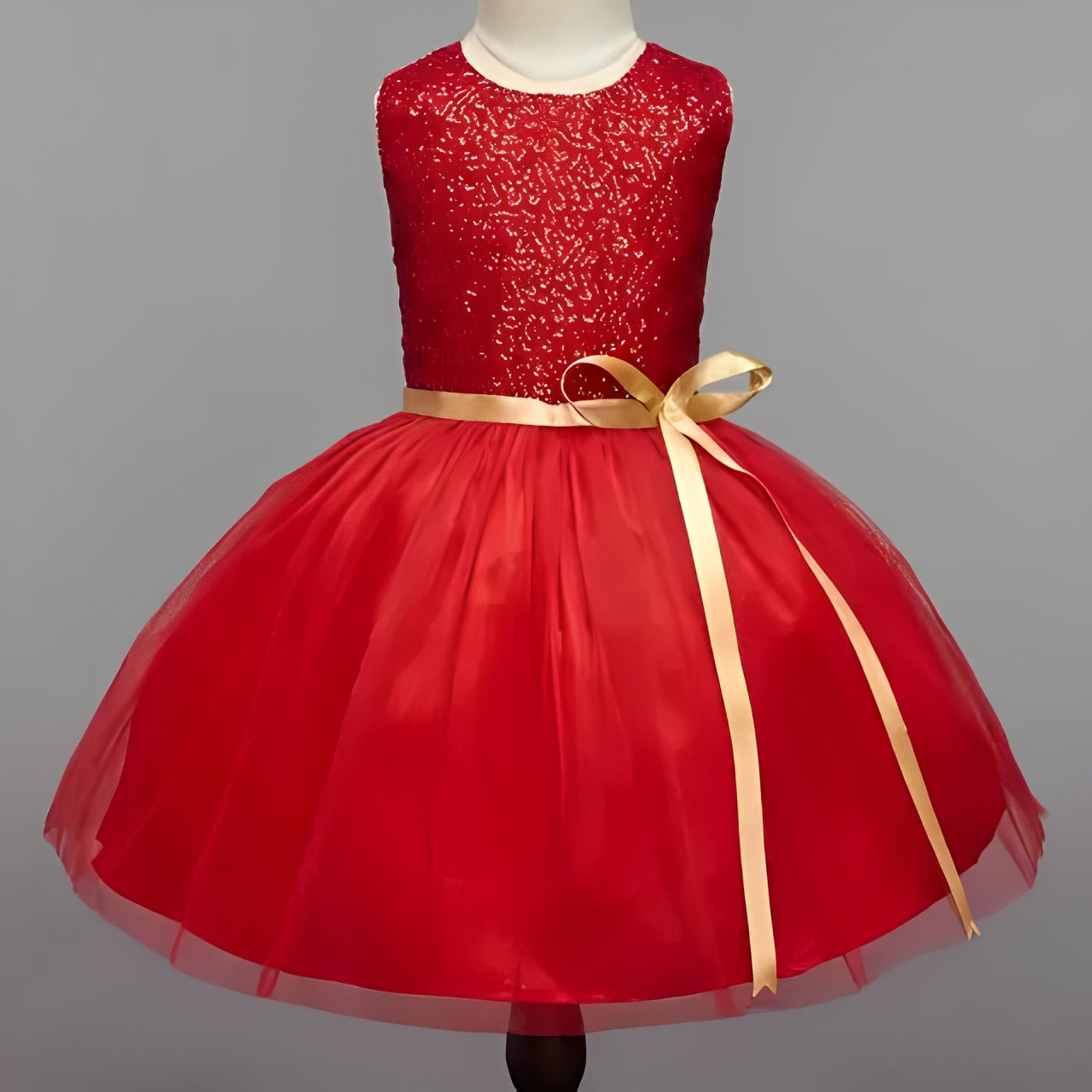 Baby Red Sequin Golden Ribbon Frock