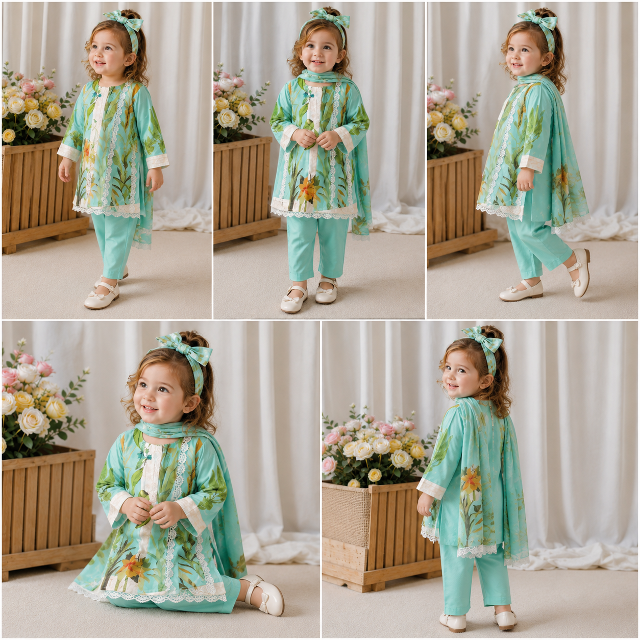 Baby Iceblue Printed Dress With Headband