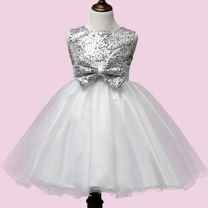 Baby Silver Sequin Silver Bow Frock