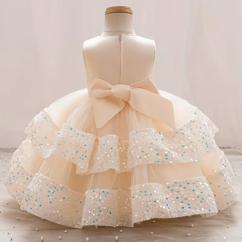 Baby Cream Pearls Tie Sequin & Net Frock