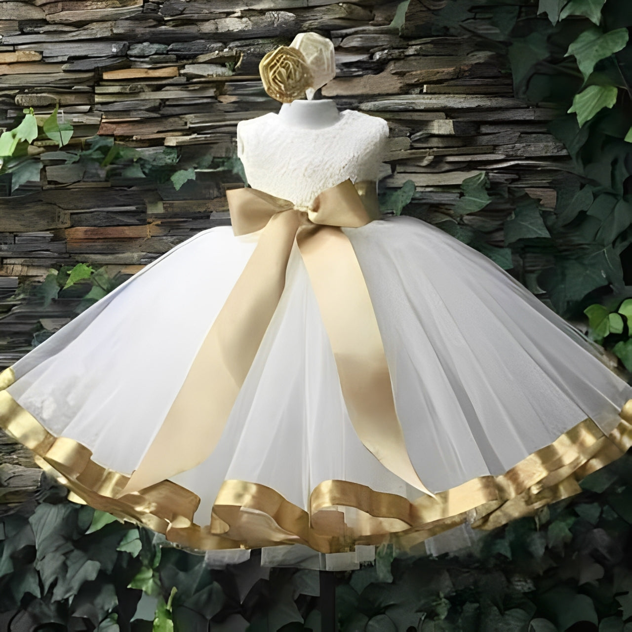 Baby White Golden Ribbon Frock