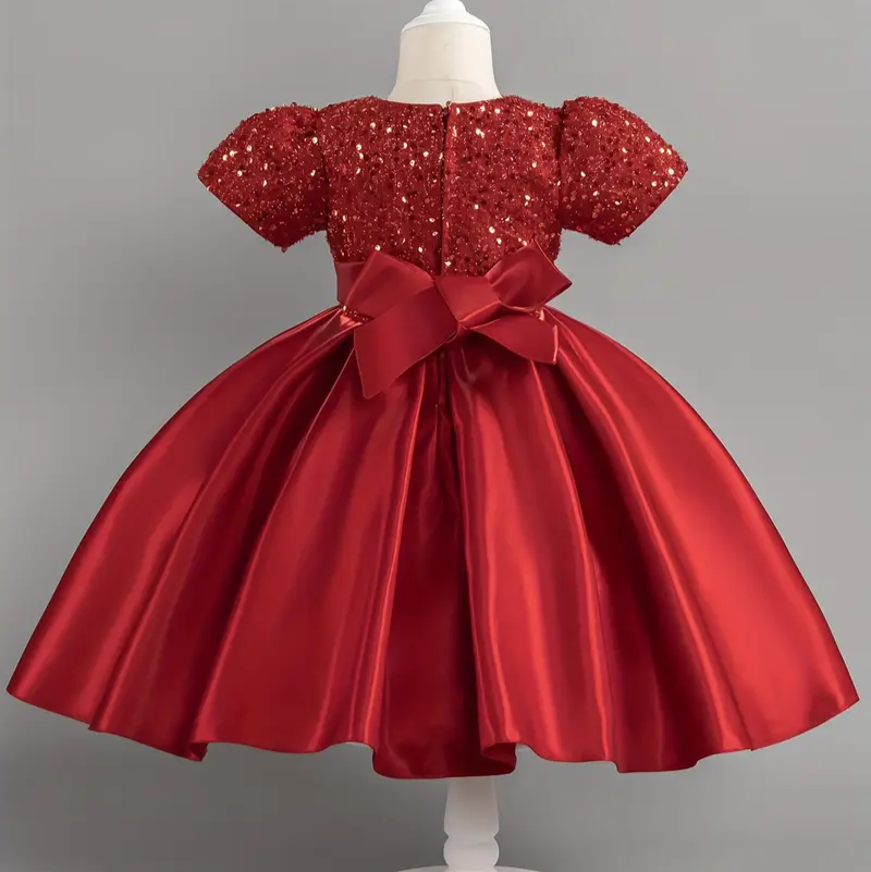Baby Red Silk & Sequin Short Sleeves Frock