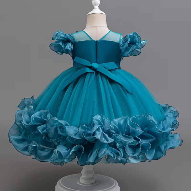 Baby Sea Blue Elegant Floral Beaded Frock