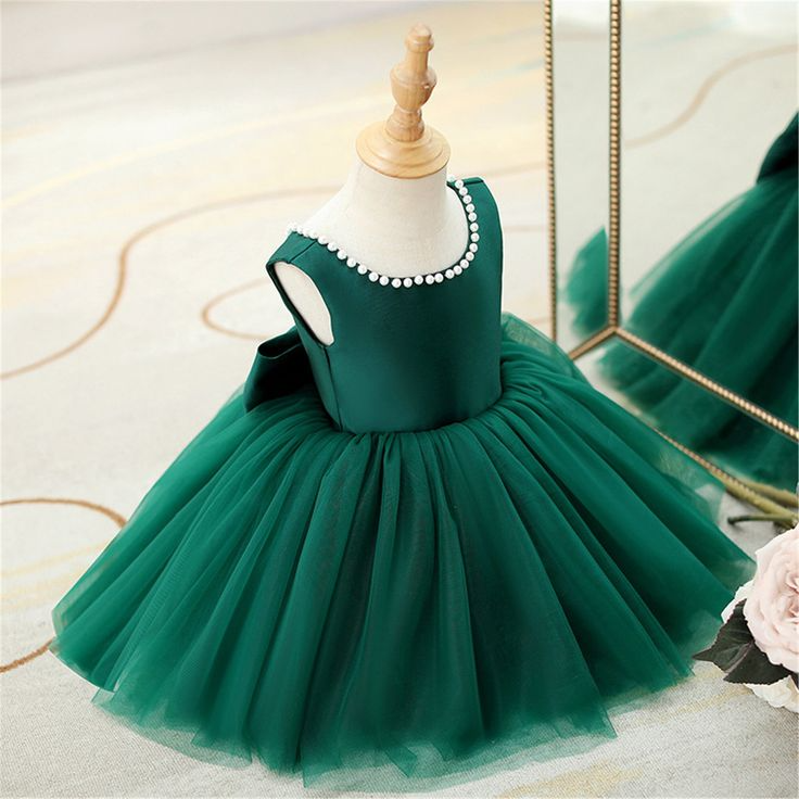 Baby Green Pearl Neck Back Bow Frock