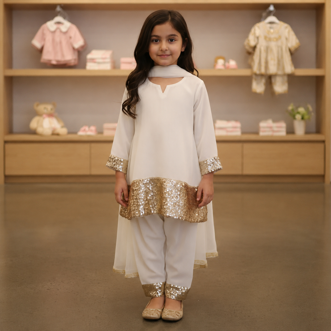 Baby White Farshi Dress With Sequin Touch
