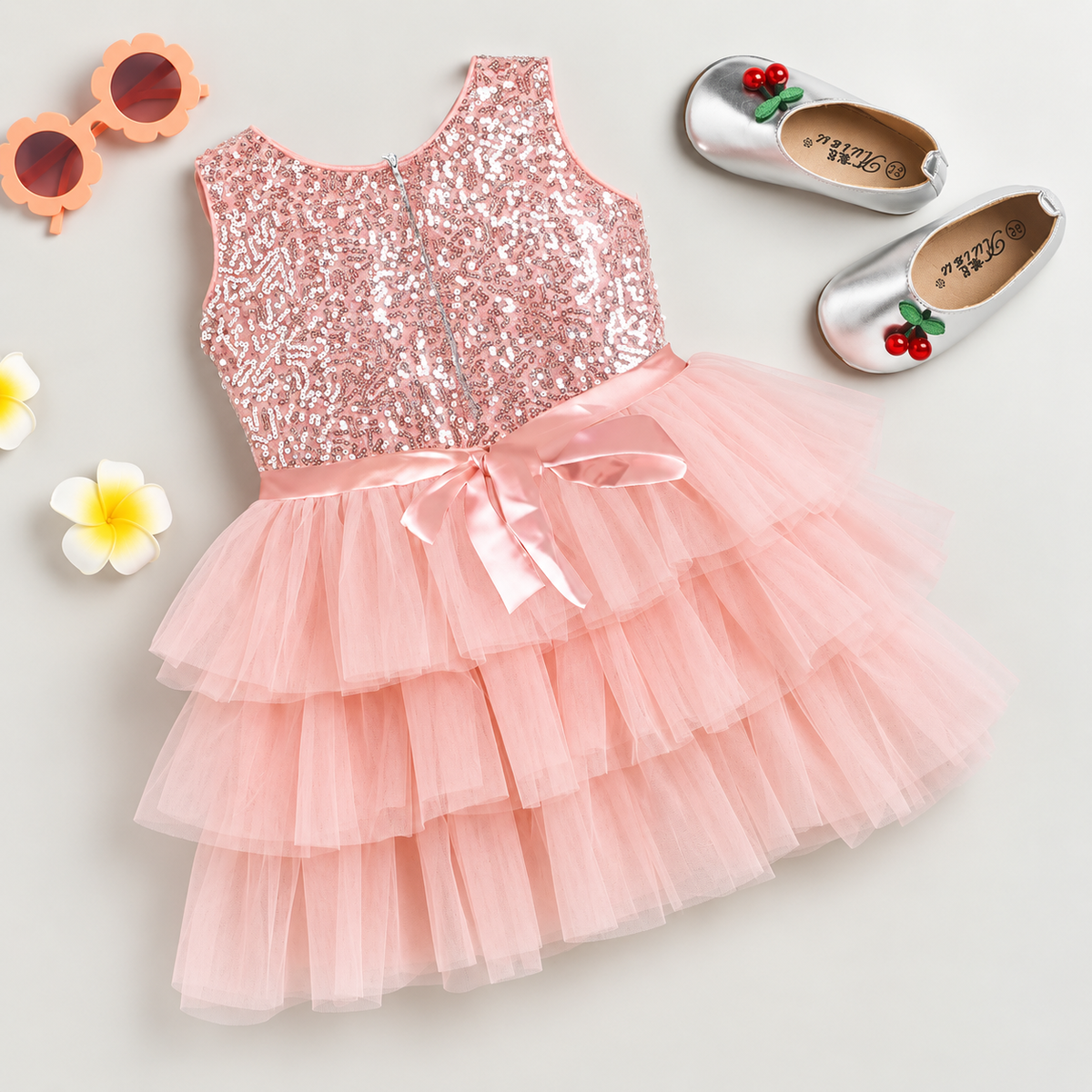 Baby Light Pink Sequin Multi Layered Frock