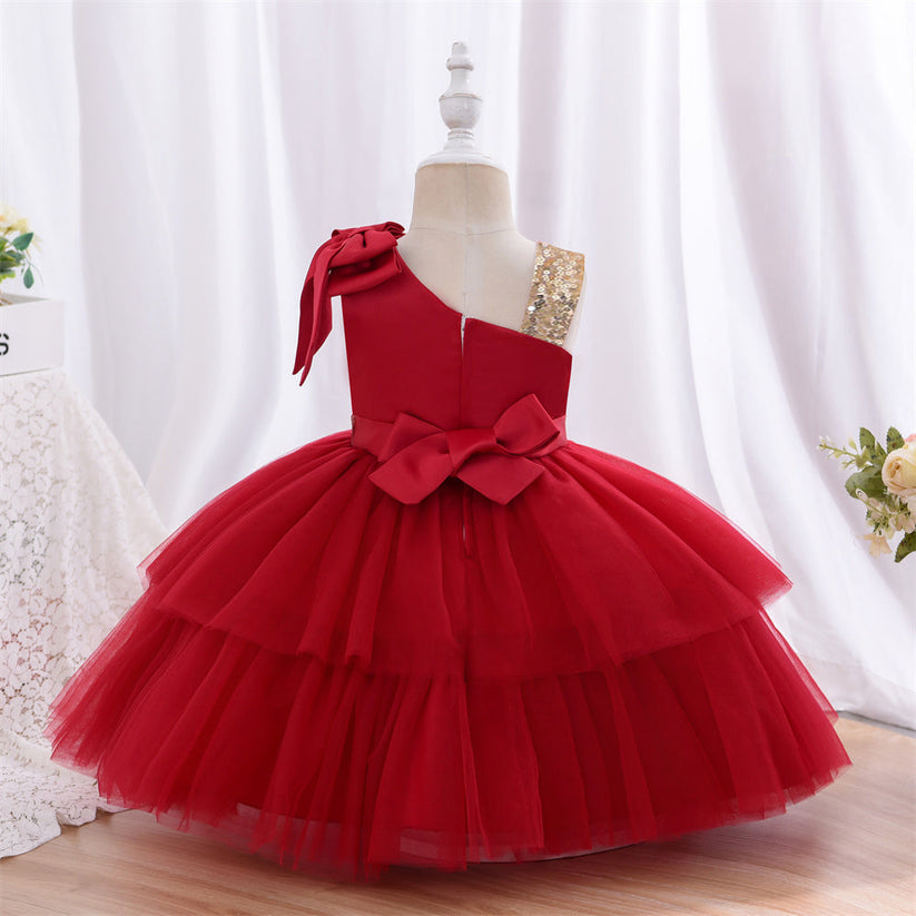 Baby Red Multi Layered Golden Sequin Strap Frock