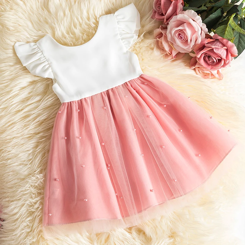 Baby Tea Pink & White Moti Net Frock