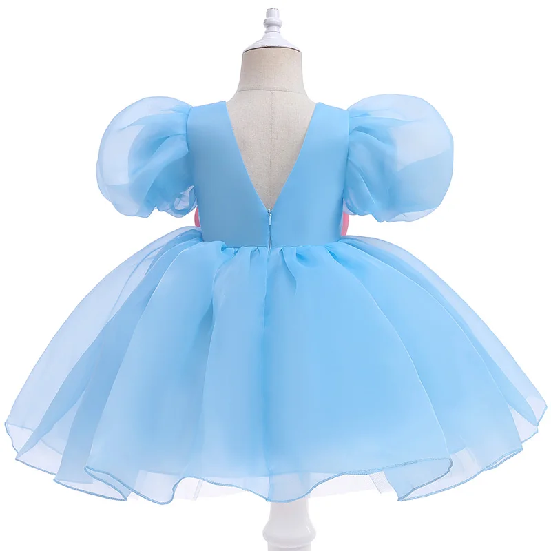 Baby Blue Puff Sleeves Frock With Pink Bow