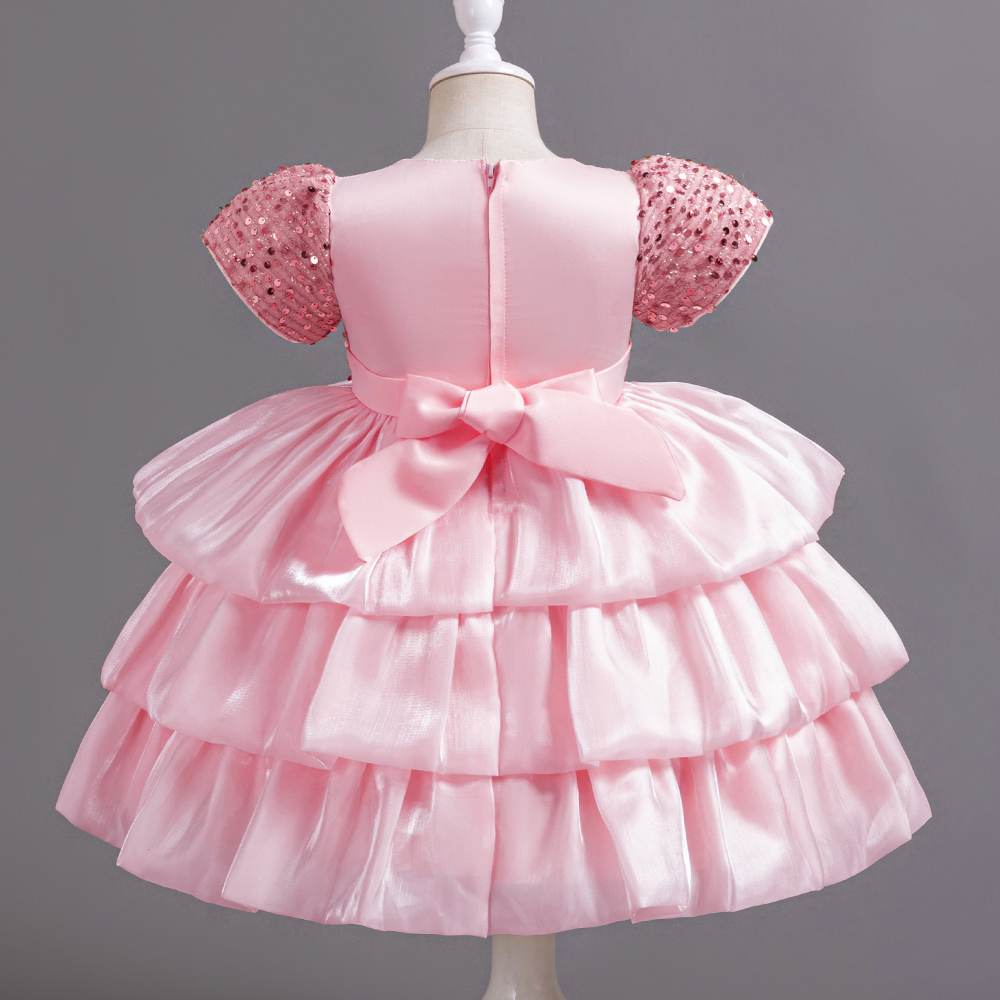 Baby Pink Sequin Multi Layered Short Sleeves Frock