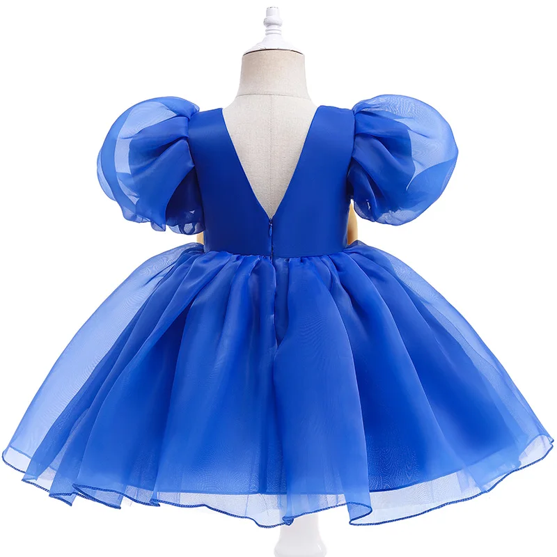 Baby Blue Puff Sleeves Frock With Yellow Bow