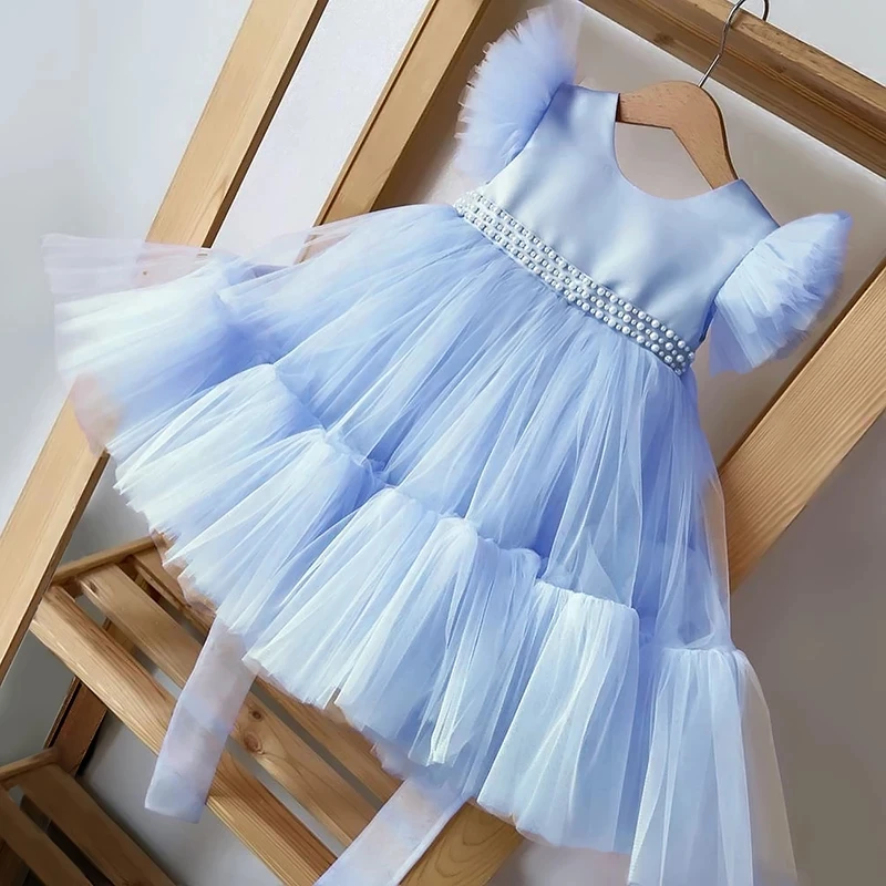Baby Sky Blue Pearls Short Sleeves Fairy Frock