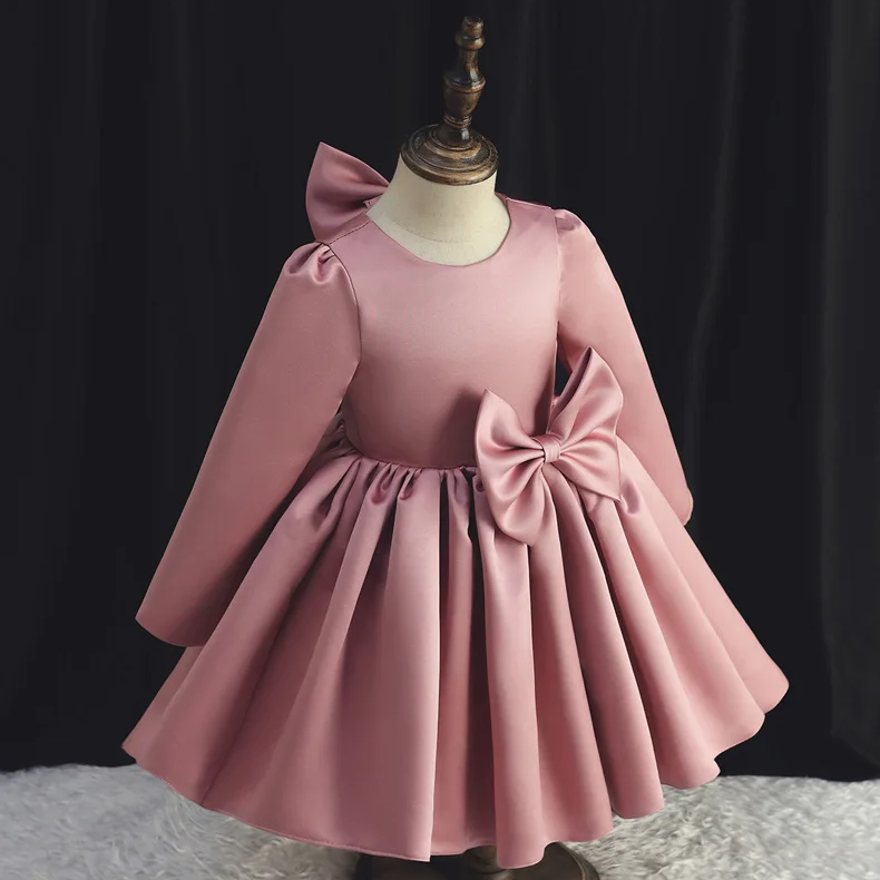 Baby Tea Pink Silk Long Back Bow Frock