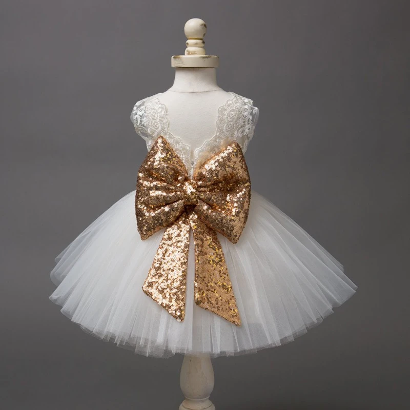 Baby White & Golden Bow Frock