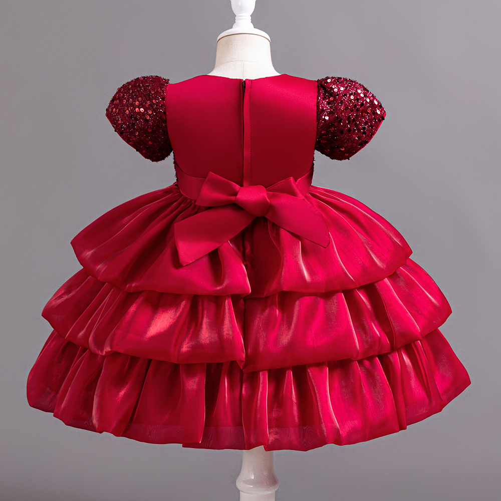 Baby Red Sequin Multi Layered Short Sleeves Frock