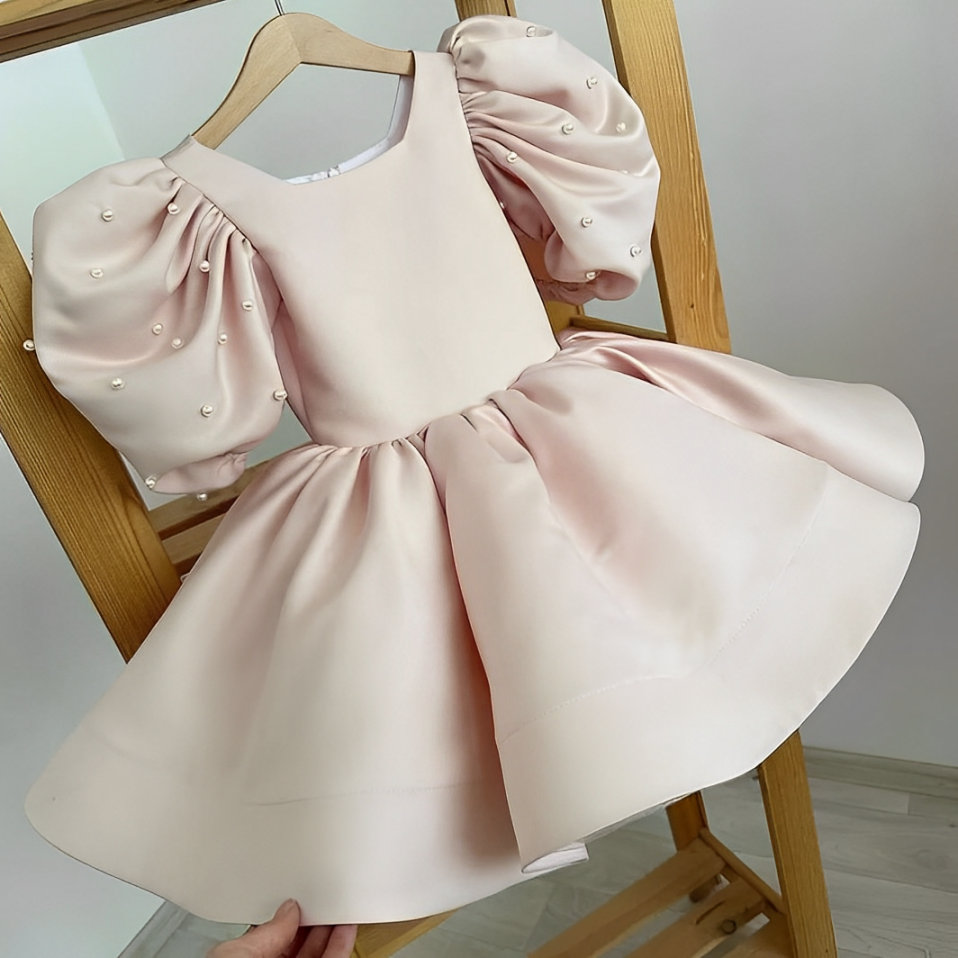 Baby Light Pink Puffy Sleeves Pearls Frock