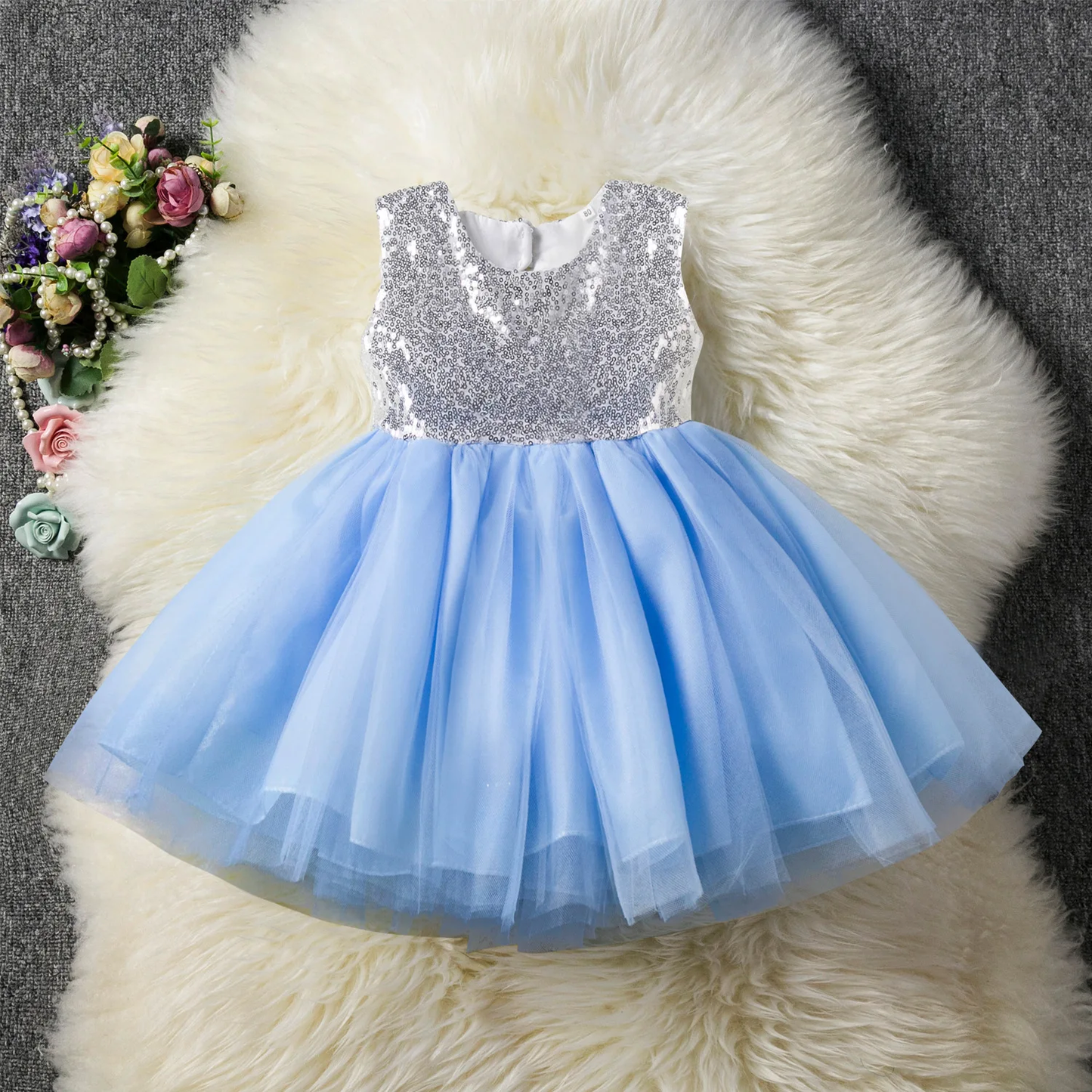 Baby Blue Net & Sequin Back Tie Frock