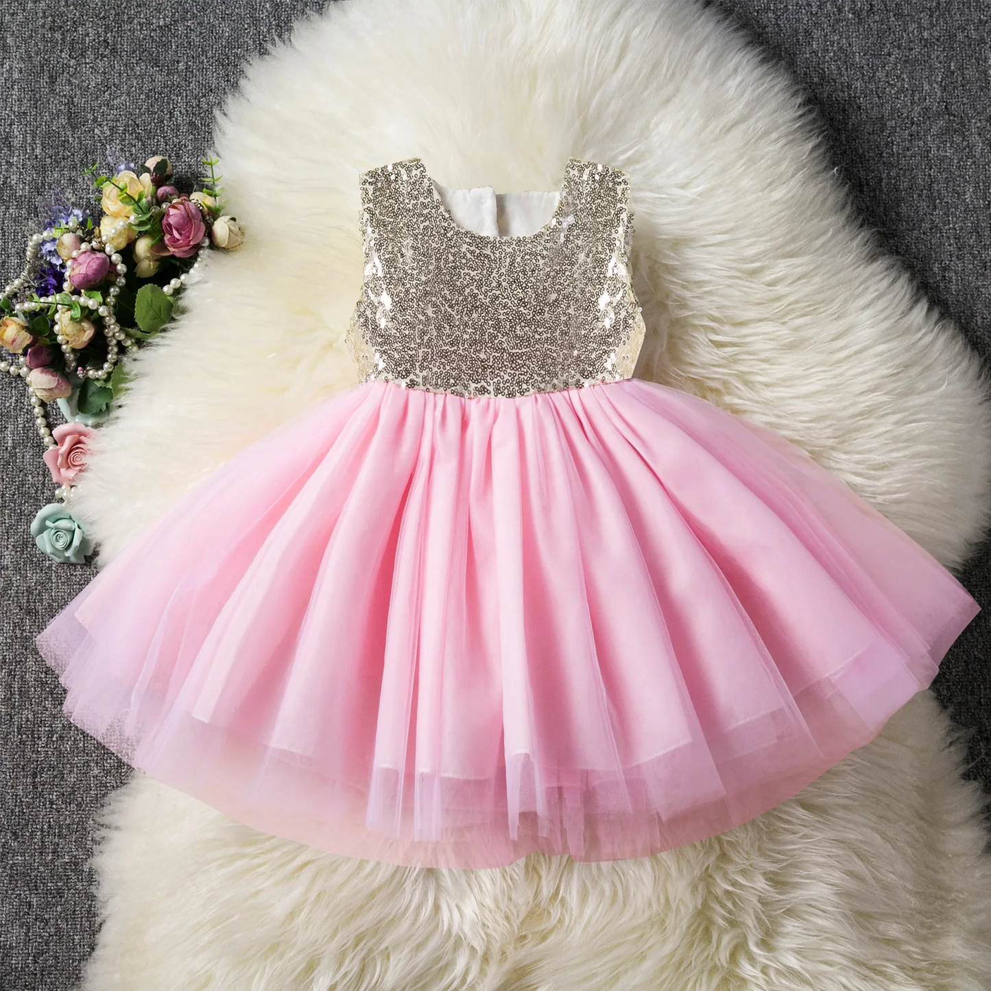 Baby Pink Net & Sequin Back Tie Frock