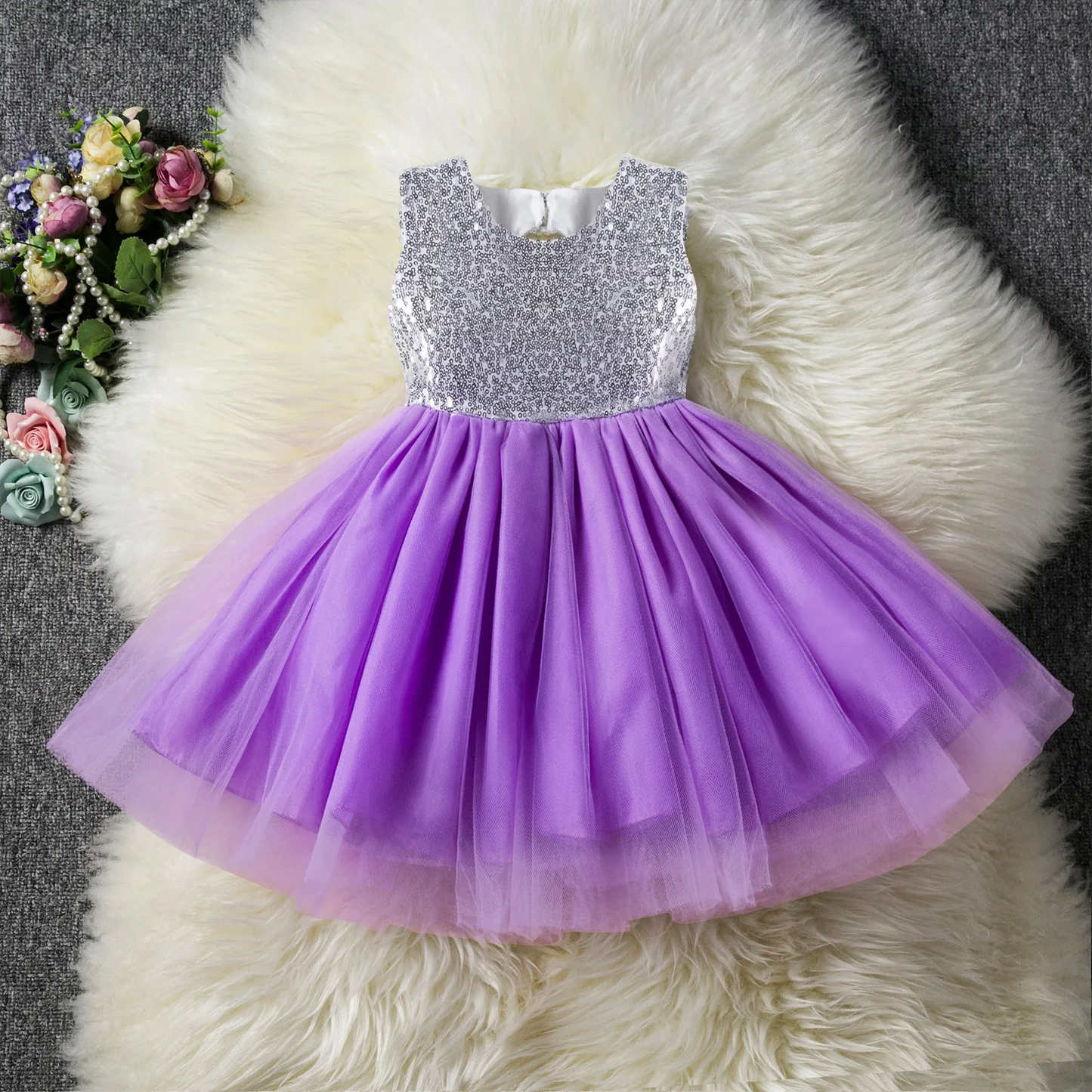 Baby Purple Net & Sequin Back Tie Frock