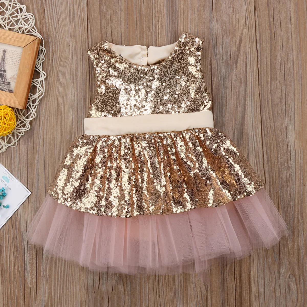 Baby Golden Sequin Silk Bow Frock