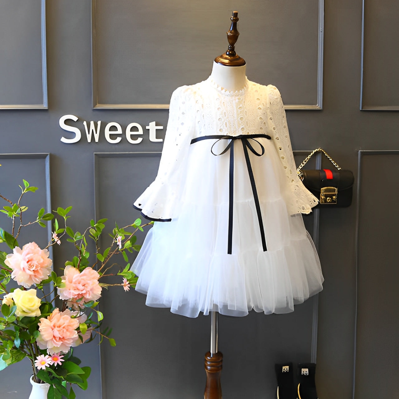 Baby White Net Black Ribbon Frock