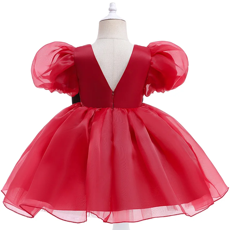 Baby Red Puff Sleeves Frock With Black Bow