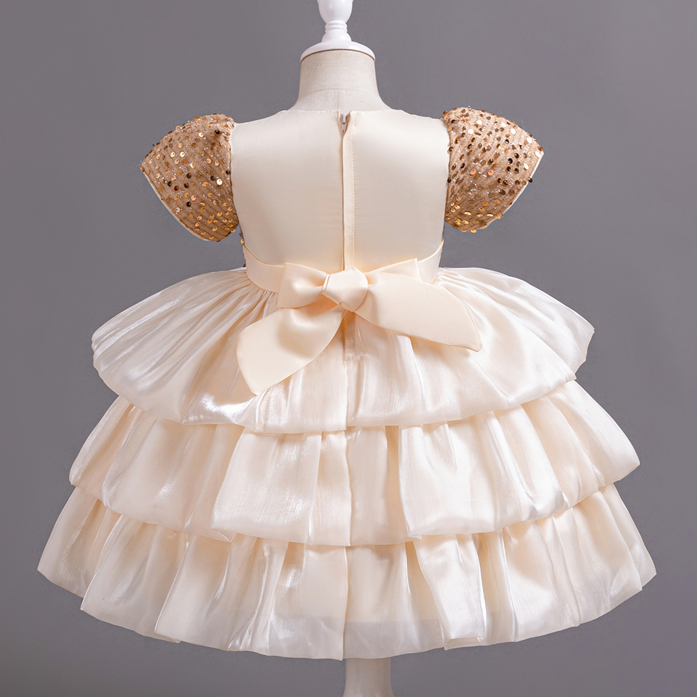 Baby Golden Sequin Multi Layered Short Sleeves Frock