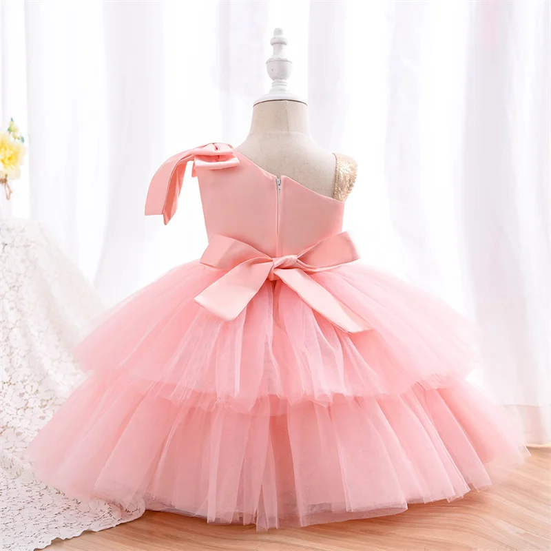 Baby Pink Multi Layered Golden Sequin Strap Frock