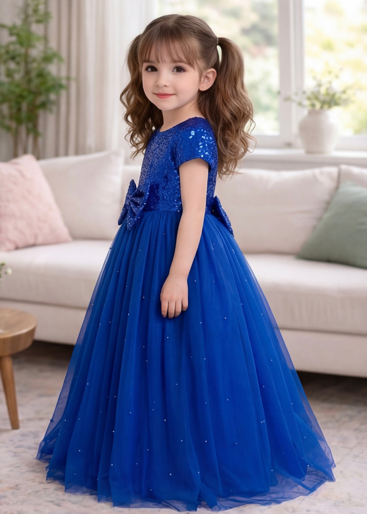 Baby Royal blue Sequin Net Fluffy Bow Maxi