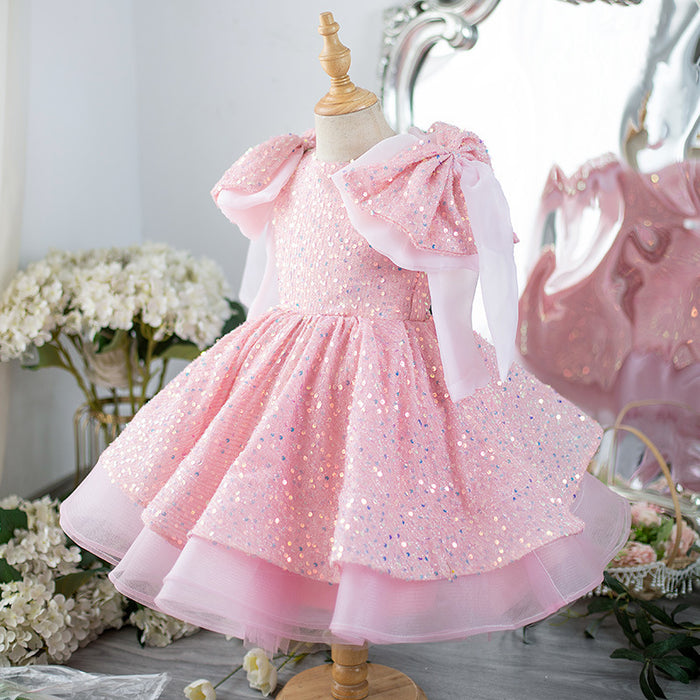 Baby Pink Sequin Shoulders Bow Frock