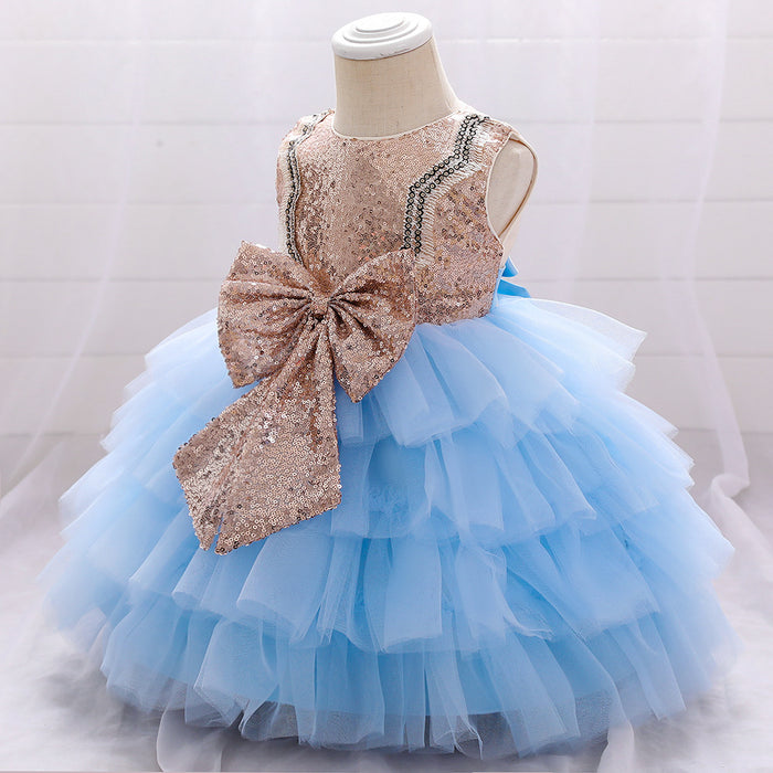 Baby Blue Bow Applique Sleeveless Frock