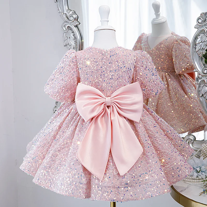 Baby Pink V Neck Sequin Frock