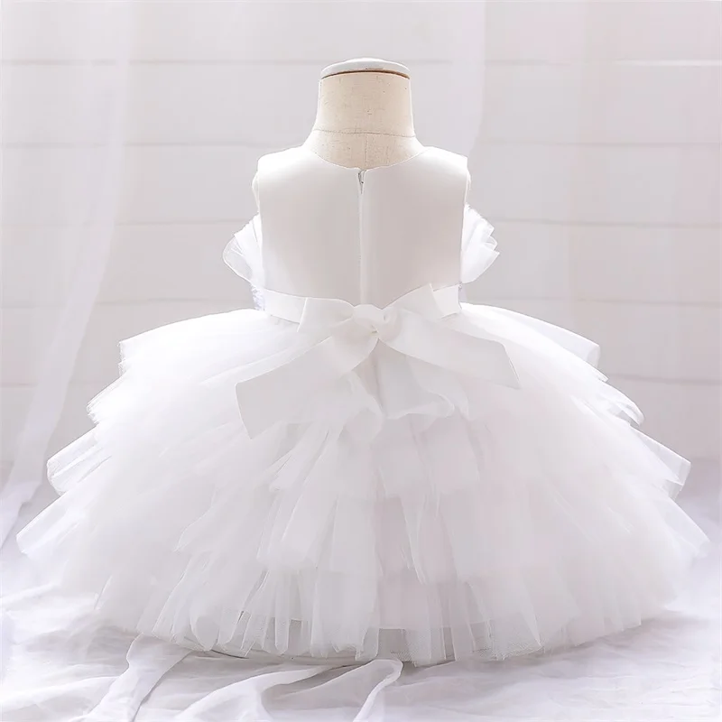 Baby White Multi Layered Silver Bow Frock