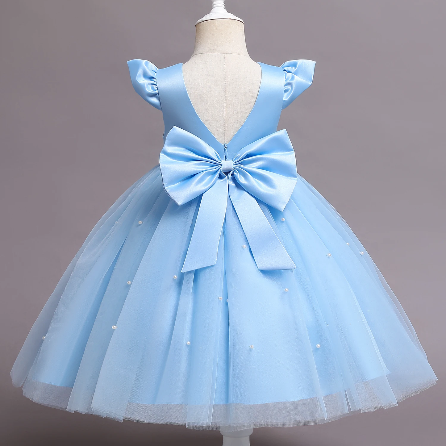Baby Sky Blue Puffy Sleeves Pearls Frock