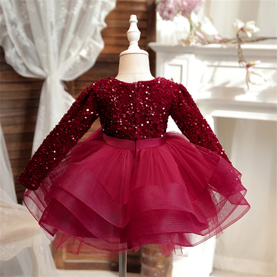 Baby Red Sequin Long Sleeves Luxurious Frock